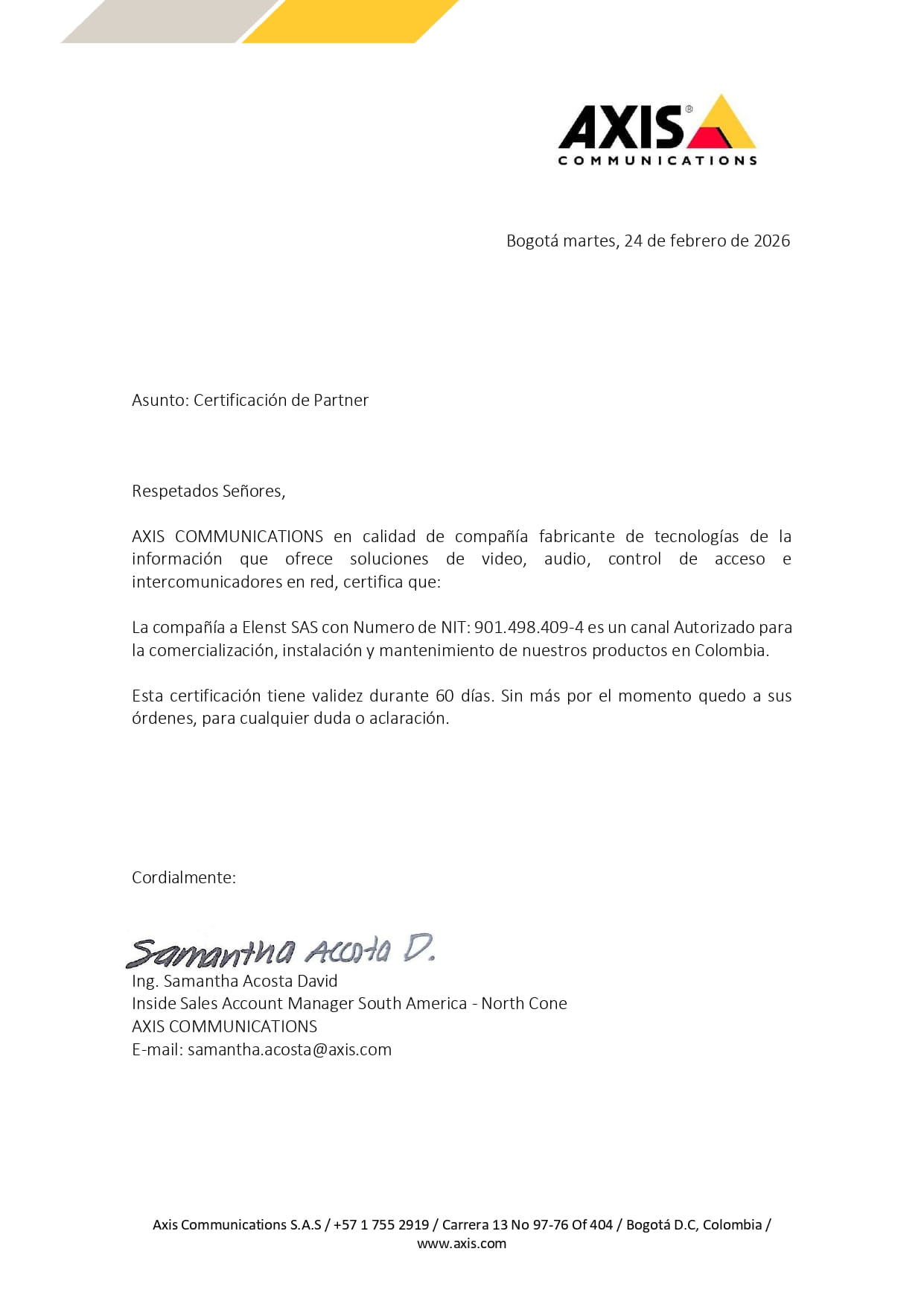 Acreditación de Elenst como Partner de Axis.