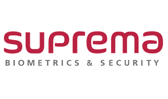 Logotipo de suprema biometrics & security con texto rojo y negro sobre fondo blanco.