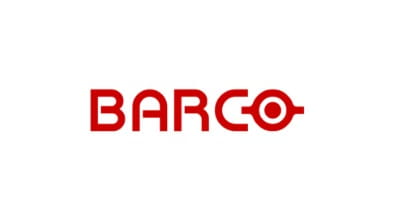 Logotipo rojo de BARCO con la letra O estilizada y fondo blanco limpio.