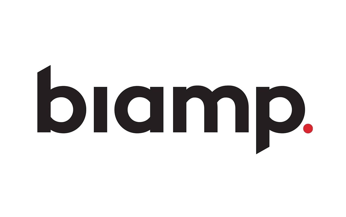 Logotipo de la palabra “biamp” en negro con un punto rojo a la derecha.