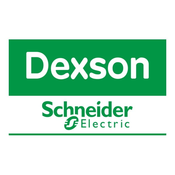 Logotipo verde de Dexson y Schneider Electric, con texto blanco y verde sobre fondo claro.