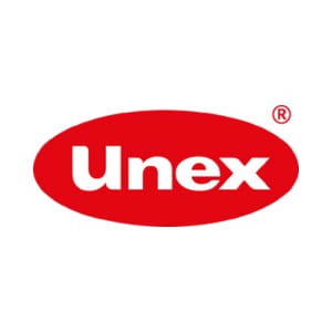 Logotipo ovalado rojo con la palabra “Unex” en letras azules y marca registrada.