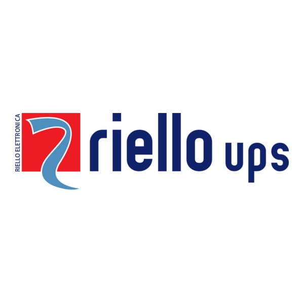 Logotipo de “riello ups” con símbolo rojo y azul, sobre fondo blanco.