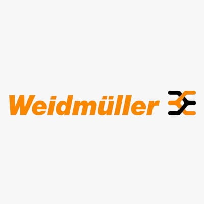 Logotipo de Weidmüller en naranja y negro sobre fondo blanco, con símbolo de engranaje a la derecha.