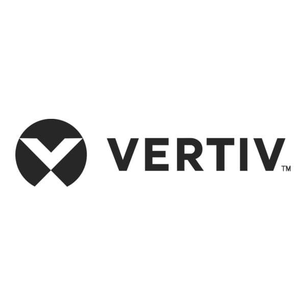 Logotipo negro de VERTIV con símbolo circular y texto VERTIV en fondo blanco.