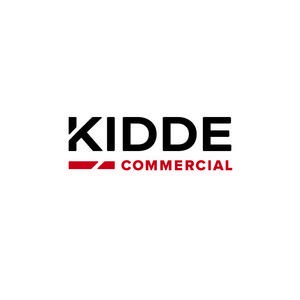 Logotipo “KIDDE” con texto “COMMERCIAL” debajo, sobre fondo blanco, con franja roja.